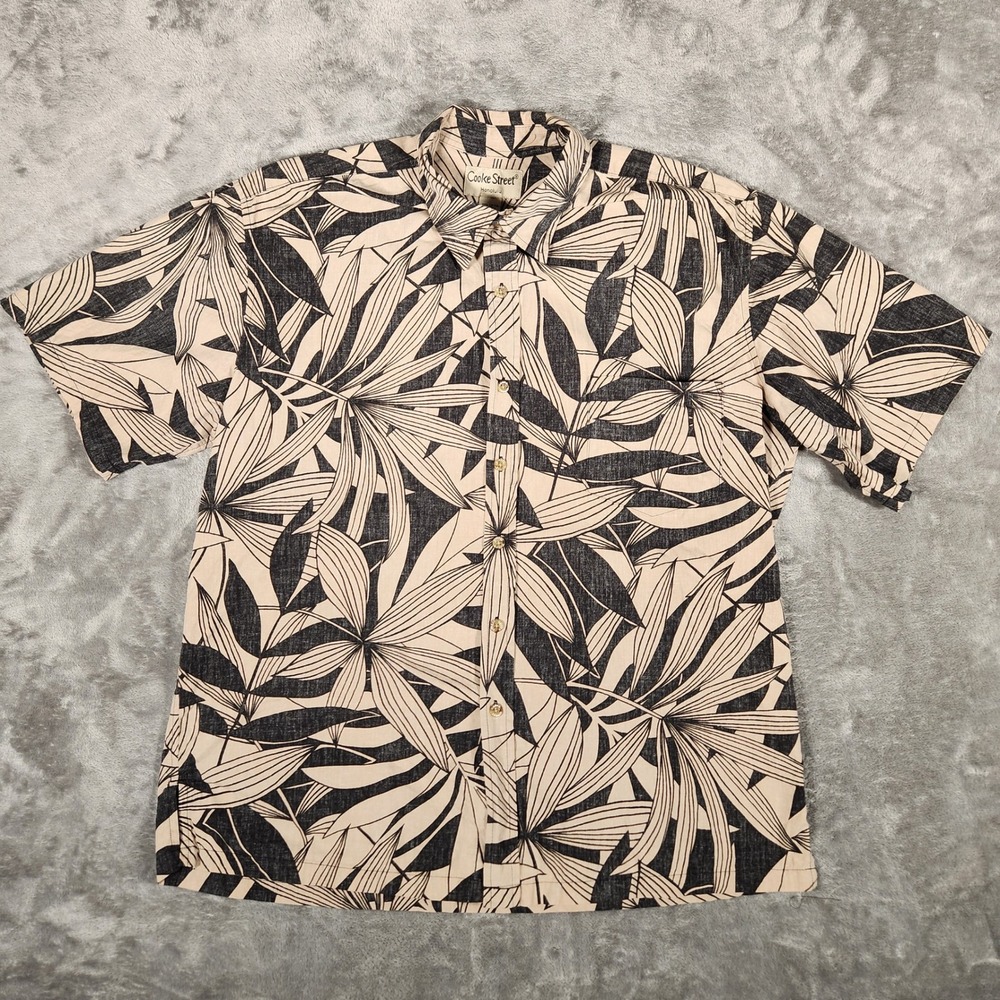 Cooke Street Button Down Shirt Mens XL Tan Black Excellent Tropical Palm Leaf